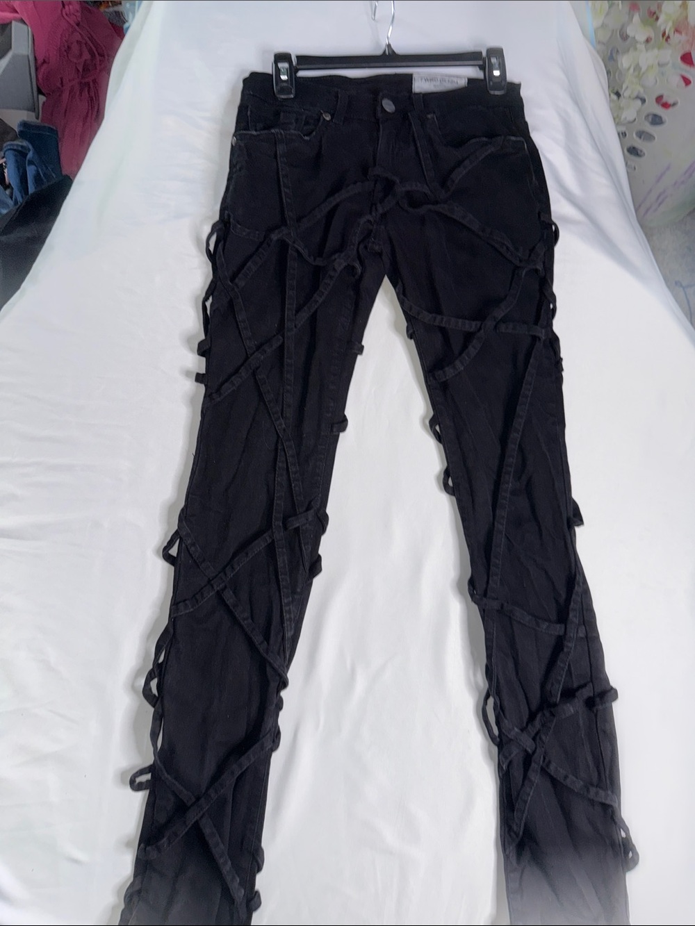 Women’s Black Skinny Jeans with Crisscross Strap Detailing